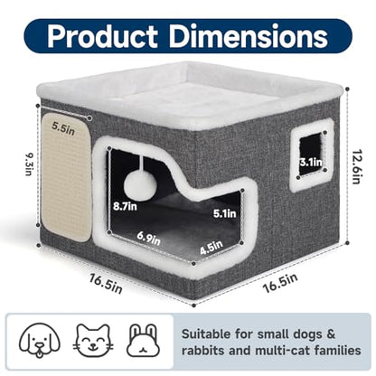 Cat Beds for Indoor Cats, Large Cat Cave with Cozy Hideout, Scratch Pad, Fluffy Ball Hanging, Foldable Cat Hideaway Hold Up to 30LBS, Indoor Cat House with Reversible Soft Cushions for All Seasons - size: Single