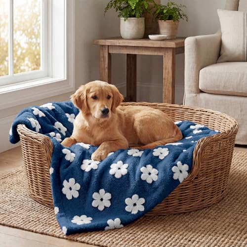 Horaldaily Pets Flannel Blanket, Navy Blue Flowers 3D Textured Soft Fuzzy Fluffy Plush Cozy Fleece Premium Blankets for Dog Cat Puppy Kitten Couch Protection, 30x40 - color: Navy Blue, size: 30''x40'',Large