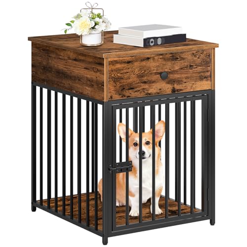 HOOBRO Dog Crate Furniture, Wooden Dog House, Decorative Dog Kennel with Drawer, Indoor Pet Crate End Table for Small Dog, Steel-Tube Puppy Cage, Chew-Proof, Rustic Brown and Black BF01GW03 - color: Rustic brown