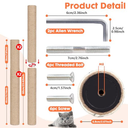 PowerKing Natural Sisal Replacement Scratching Post, 4 Pieces M8 Cat Scratch Post Refill Pole Parts for Refurbishment, White, Include Screws (Nature-15.7''+15.7''+7.87''+7.87'') - color: Beige, size: 15.7''+15.7''+7.87''+7.87'' (2.67''Thick)