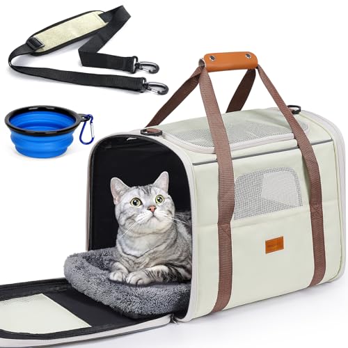 Morpilot Pet Travel Carrier Bag, Soft-Sided Dog Carrier Cat Carrier Pet Carrier, for Large Cats and Medium Puppies up to 25lbs, with Locking Safety Zippers, Foldable Bowl (Beige) - color: Beige -L (Thickened Mat), size: 18.0"L x 12.5"W x 14.0"H