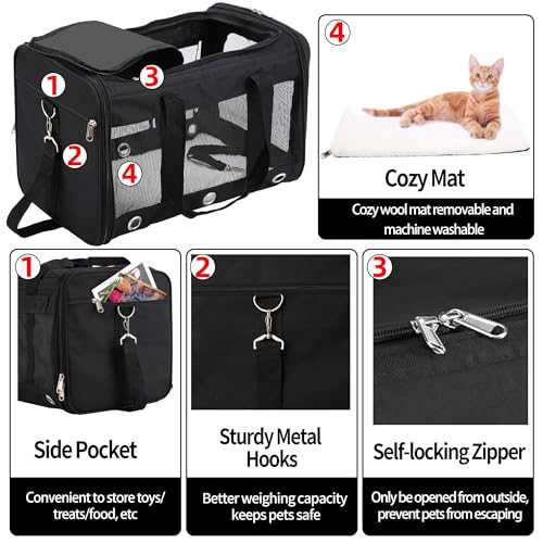 Soft Sided Cat/Dog Carrier,Collapsible Pets Travel Carriers for Pet/Puppy with Shoulder Strap & Removable Mat,Mesh Top Load Small Dogs/Cats Carry Bag Up to 17 Lbs TSA Airline Approved（Black,M） - size: M Black
