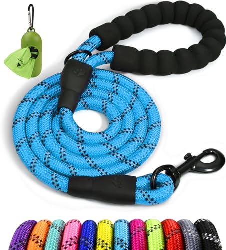 Taglory Rope Dog Leash 4 FT with Comfortable Padded Handle, Highly Reflective Threads Leash and Anti-Tangle Clip for Walking Medium Large Dogs, 1/2 inch, Blue - color: Blue, size: 1/2" x 4 FT (20~120 lbs.)