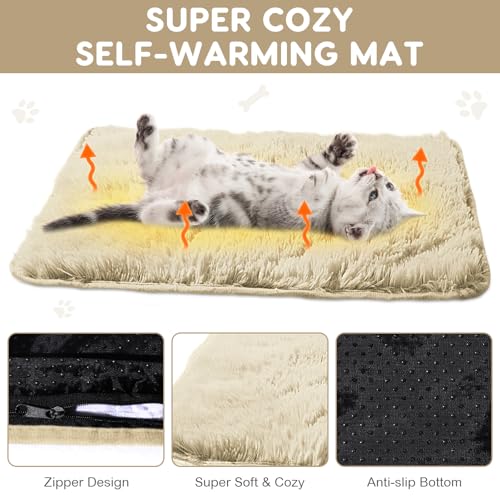 Drydiet 4 Pack Self Warming Cat Pad Self Heating Cat Mat Thick Faux Fur Plush Pet Bed Thermal Washable Dog Mat Anti Slip Bottom for Outdoor Indoor Pets(Camel,16" X 20")
