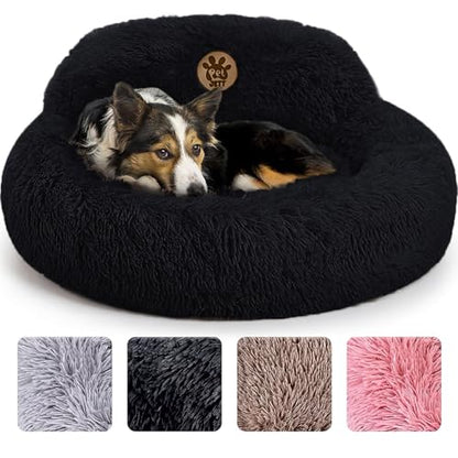 PetJett Calming Dog Bed Medium Size Dog - 30'' Donut Bed, Anti-Slip & Washable Super Soft Fluffy Plush Round Bed, Anti-Anxiety Premium Comfort Pet Bed, Fits Dogs up to 45 lbs - Black - color: Black, size: Medium - 30”L x 30”W x 8”Th