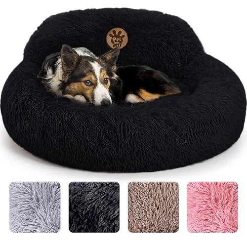 PetJett Calming Dog Bed Medium Size Dog - 30'' Donut Bed, Anti-Slip & Washable Super Soft Fluffy Plush Round Bed, Anti-Anxiety Premium Comfort Pet Bed, Fits Dogs up to 45 lbs - Black - color: Black, size: Medium - 30”L x 30”W x 8”Th