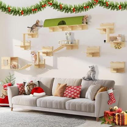 Cat Shelves for Wall, 16-in-1 Solid Wood Wall Mounted Cat Wall Shelves with Tunnel, Scratching Post, Steps & Bridge Ladder, Multi-Level Cat Climbing System, Space Saving, Floating Cat Shelves - color: Burlywood, size: 16-in-1