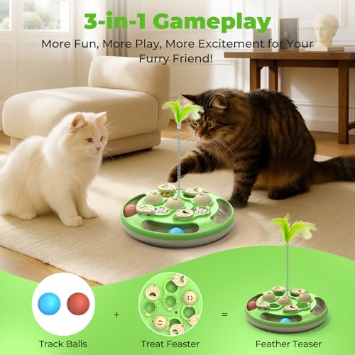 3 in 1 Cat Treat Puzzle Feeder, Level 3 Interactive Cat Puzzle Toy with Track Balls, Feather Teaser & Slow Feeder Insert, Non-Slip Base, Mental Stimulation for Bored Indoor Cats, Green - color: Green