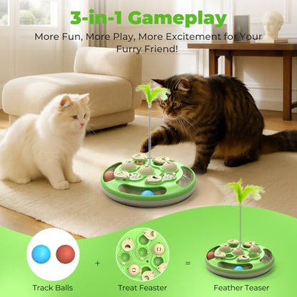3 in 1 Cat Treat Puzzle Feeder, Level 3 Interactive Cat Puzzle Toy with Track Balls, Feather Teaser & Slow Feeder Insert, Non-Slip Base, Mental Stimulation for Bored Indoor Cats, Green - color: Green