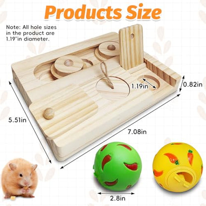 PINVNBY Guinea Pig Foraging Toy Sniff n' Snack Bunny Chew Toys Small Animal Wooden Enrichment Toys with 2 Balls Interactive Treat Dispenser for Rabbit Hamster Chinchillas Rats and Gerbils