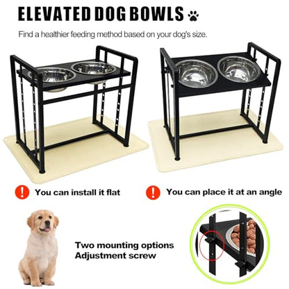 Elevated Dog Bowls 4 Height Adjustable Metal Pet Food Feeder Stand with 2 Stainless Steel Bowl Raised Dogs Feeding Station with Non-Slip Mats Black (Black, with Feeding Mat) - color: Black+Yellow-B, size: 17.91x11.02x17.05in