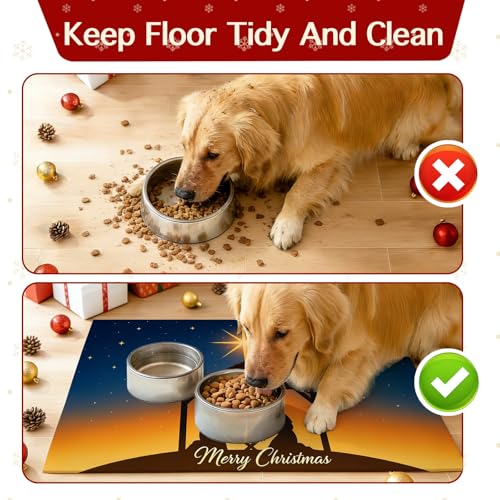HOMETITUTE Christmas Nativity Scene Pet Food Mats Jesus Birth Design Non-Slip Pet Feeding Mat Easy Clean Fast Dry Mat for Dog Food and Water Bowls 20" x 12"Christmas Absorbent Pets Bowl Mat - color: black