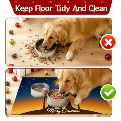 HOMETITUTE Christmas Nativity Scene Pet Food Mats Jesus Birth Design Non-Slip Pet Feeding Mat Easy Clean Fast Dry Mat for Dog Food and Water Bowls 20" x 12"Christmas Absorbent Pets Bowl Mat - color: black