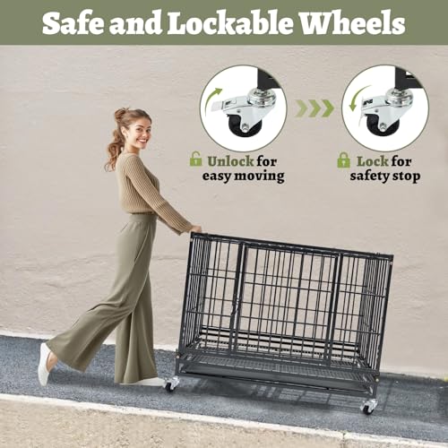 Two Levels 36 Inch Stackable Heavy Duty Dog Crate Cage Medium Sized Dog with Top Access, Basic Dog Crates for Small Medium Dogs 2 Door Dog Kennel Indoor with Tray and Wheels - size: 36 Inch-2 Pack
