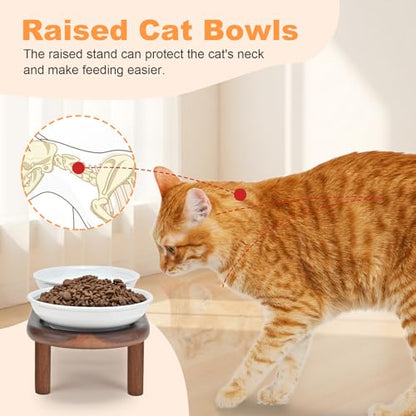 SPUNKYJUNKY Shallow Elevated Cat Bowl with Acacia Wood Stand Wide Raised Ceramic Cat Dishes Whisker Friendly Pet Food and Water Plates (Striped Pattern, White) - color: White