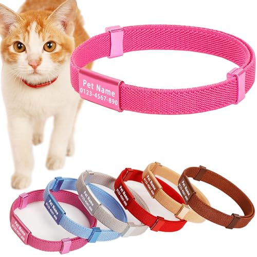 Minimalist Stretch Lightweight Custom Engraved Cat Collar with Name Tag Personalized Cat Collars for Kitten Boy & Girl Cats (Rose Red, Collar with Nameplate) - color: Rose Red, size: Collar With Nameplate