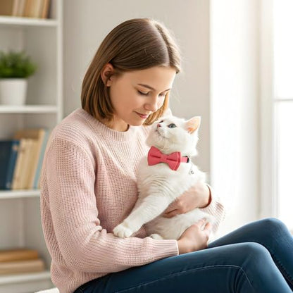2 Pcs Pink Bow Tie Cat Collar with Bell Breakaway, Bowtie Plaid Cat Collar with Cats Buckle, Cute Kitten Bow Tie Collars, Soft Adjustable Cats Collars (Pink) - color: Pink