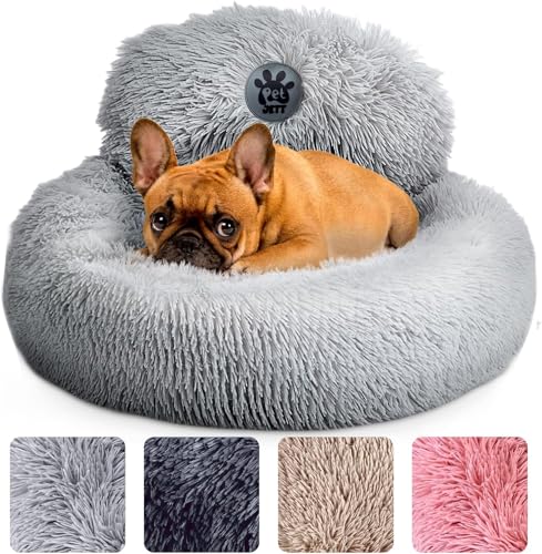PetJett Small Dog Bed - 23'' Round Dog Beds, Calming Puppy Bed - Anti-Slip & Washable Super Soft Fluffy Plush Faux Fur Pet Bed, Anti-Anxiety Premium Comfort Donut Bed,Fits Dogs upto 25 lbs,Bright Gray - color: Bright Grey, size: Small - 23”L x 23”W x 8”Th