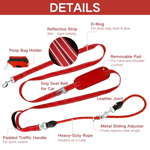 10FT Hands Free Dog Leash for Small Medium Large Dogs, Heavy Duty Reflective Dog Leash with Traffic Handle, Seat Belt Buckle & Poop Bag Holder (Red) - color: Red, size: 10FT