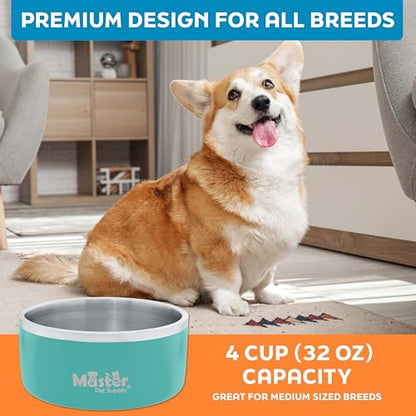 Master Pet Supply Stainless Steel Dog Bowls - 32 oz, Heavy Duty - Aqua Sky, Double Wall Extra-Thick Insulated, Non-Slip Pet Water Bowl for Dogs, Cats & Pets, Anti Rust Metal, Dish Washer Safe - color: Aqua Sky, size: 4 Cups (32 oz)