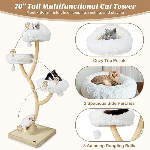 PETSITE 70" Tall Cat Tree, Cat Tower with Scratching Posts and Board, Multi-Level Cat Tower for Large Cats 20 lbs+ with 3 Cozy Perches and Dangling Balls, Modern Cat Tree for Indoor Cats Large Adult - color: White