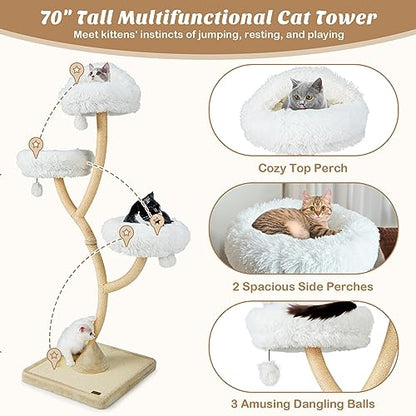 PETSITE 70" Tall Cat Tree, Cat Tower with Scratching Posts and Board, Multi-Level Cat Tower for Large Cats 20 lbs+ with 3 Cozy Perches and Dangling Balls, Modern Cat Tree for Indoor Cats Large Adult - color: White