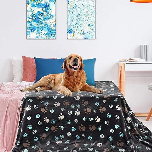 Dog Blanket for Large Dogs, Cat Flannel Washable Soft Pet Mat Throw Cover for Kennel Crate Bed, Cute Paw Pattern, Grey, 80x60 Inch - color: Grey, size: 80x60 inch