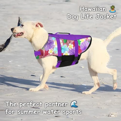 Dog Life Jacket Large, High Flotation Dog Life Vest for Swimming Boating, Hawaiian Reflective Puppy Swim Vest, Adjustable Safety Dogs Floating Vests with Superior Buoyancy and Rescue Handle