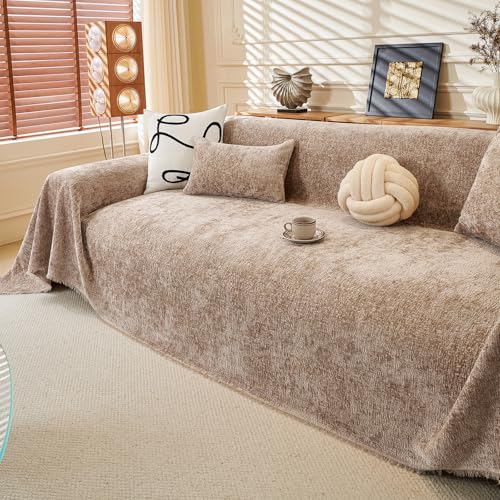 ROOMLIFE Boho Khaki Couch Cover for Dogs, Washable Non Slip Furniture Protector Couch Sofa Covers for 3 Cushion Couch, Soft Chenille Sofa Slipcovers Couch Cover Throw Blanket with Tassels 71''X118'' - color: C#khaki, size: Large(71''*118'')