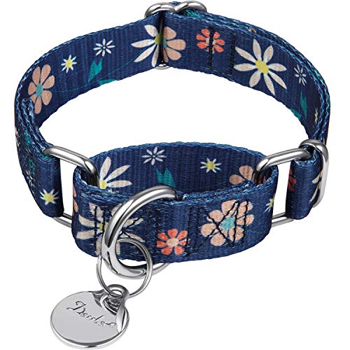 Martingale Collar Floral Print Puppy Dog Collar - No Pull Pet Collar, Heavy Duty Adjustable Dog Collar, Small, Neck 11 Inch -15.5 Inch, Elegant Flowers (Dark Blue) - color: Dark Blue - Flowers, size: Small/Medium: 11"-15.5", 1" Wide