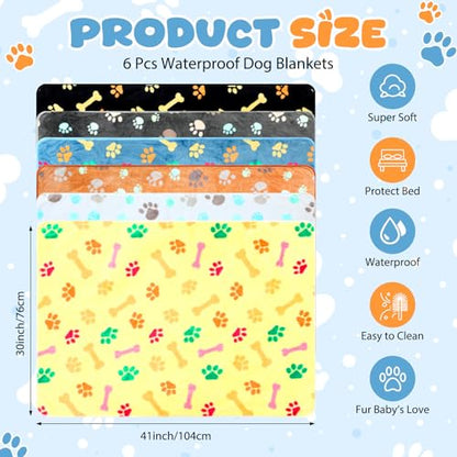 Tegeme 6 Pcs Waterproof Dog Blanket 41 x 30 Inch Paw Print Pet Blanket for Dogs Cats Puppy Washable Soft Fluffy Fleece Rug Flannel Throw Warm Sleep Mat for Kitten Doggy - size: 41 x 30 Inch