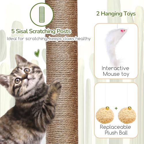 Globlazer Cactus Cat Tree Condo Tower for Indoor Cats, 52in Multi-Level Cat Scratching Tree with 2 Cat Condos, 5 Sisal Scratching Posts, 2 Padded Perches, Sturdy Basket, Widened Base, S52, Green - color: Cactus Green