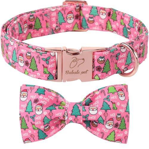 Christmas Dog Collar with Bow Tie - Cute Christmas Tree & Santa Pattern Pink Puppy Collar, Adjustable Metal Buckle Winter Holiday Bowtie Dog Collars for Small Medium Large Dogs XS - color: B-Pink Santa Claus, size: XS