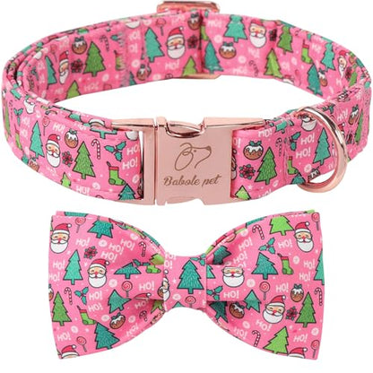 Christmas Dog Collar with Bow Tie - Cute Christmas Tree & Santa Pattern Pink Puppy Collar, Adjustable Metal Buckle Winter Holiday Bowtie Dog Collars for Small Medium Large Dogs XS - color: B-Pink Santa Claus, size: XS