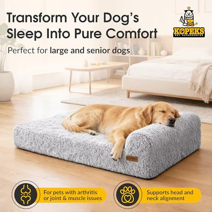 KOPEKS Orthopedic Memory Foam Dog Bed 7" Inch Thick Extra Large Dog Bed with Pillow Fluffy Grey 50"x34"x10" Includes Waterproof Liner & Durable Removable Cover with Smart Design - color: Grey - Fluffy