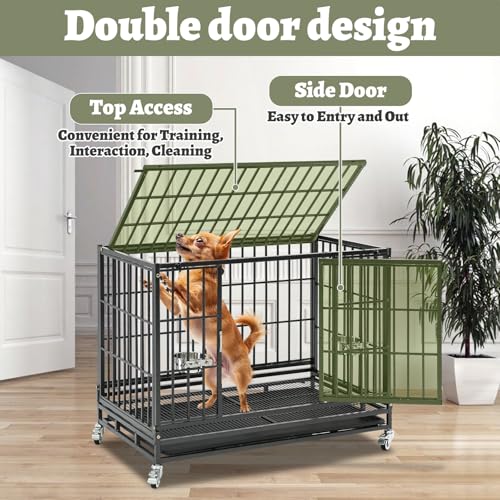 Heavy Duty Dog Crate 36 Inch, Stackable Dog Crate Cage Kennel for Breeders & Groomers, Drop Cages for Medium Dogs with 4 Wheels, 2 Bowls, Easy to Clean Grids & Tray - size: 36"L x 22.5"W x 29"H
