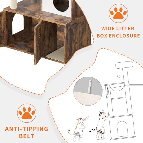 Cat Litter Box Enclosure with Tree Tower and Condo, Hidden Pet Washroom Furniture with Sisal Scratching Post,Hammocks and Soft Plush Perch, Wooden Cat Furniture with Multiple Platforms,Rustic Brown - color: Rustic Brown