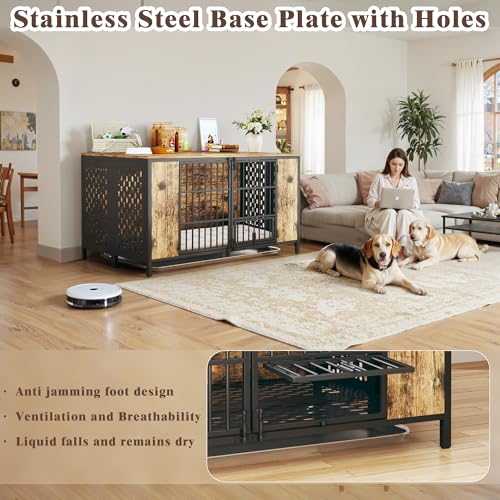 Dog Kennel Large Dogs Furniture with Hook, Heavy Duty Dog Crate Indoor for Extra Large Dogs, Escape-Proof and Chew-Proof Dog Cage for high Anxiety Dog, Rustic Brown Cage as TV Stand - size: 47.3"L x 31.5"W x 32.3"H