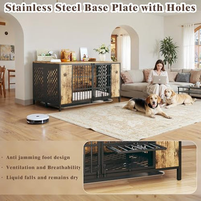 Dog Kennel Large Dogs Furniture with Hook, Heavy Duty Dog Crate Indoor for Extra Large Dogs, Escape-Proof and Chew-Proof Dog Cage for high Anxiety Dog, Rustic Brown Cage as TV Stand - size: 47.3"L x 31.5"W x 32.3"H