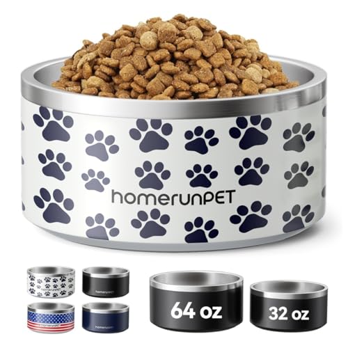 Dog Bowl, HomeRunPet Dog Food Water Bowl with Non-Slip Rubber Base, Metal Insulated Stainless Steel Dog Bowls, Double Wall Dog Bowl for Small Medium Large Dogs, Durable, Dishwasher Safe, 32oz - color: Paw Print