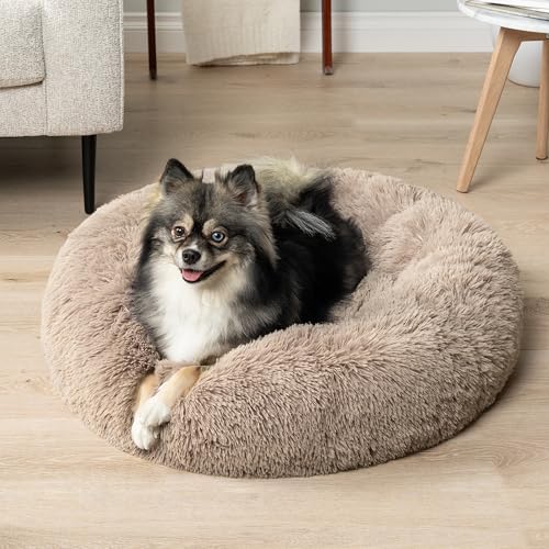 PetAmi Calming Dog Bed for Small & Medium Dogs and Cats, 23 Round Donut Dog Bed, Washable Fluffy Faux Fur Puppy & Cat Bed, Anti-Anxiety Plush Cuddler Pet Bed with Anti-Slip Bottom - Taupe - color: Taupe, size: Small - 23"