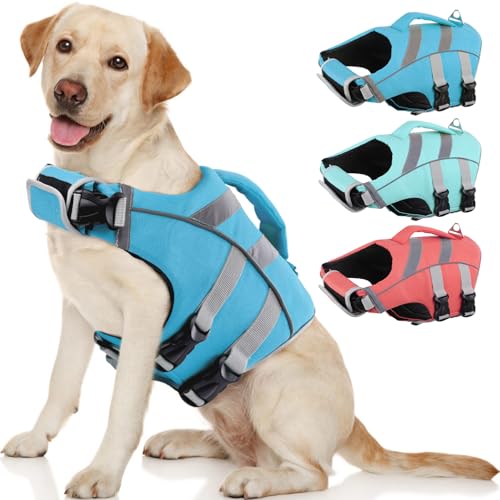 Kuoser Dog Life Jacket with Reflective Stripes, Dog Life Vest for Swimming Boating, Adjustable Pet Lifejackets with High Flotation, Doggie Swimsuit for Small Medium Large Dogs - color: SkyBlue, size: Xs (Chest Girth:12.9-18.1'')