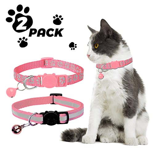 2 Pack Reflective Cat Collar Breakaway with Bell,Personalized Kitten Collars,Adjustable Safety Buckle Collar for Male Cats Girls & Boys (Pink) - color: Pink