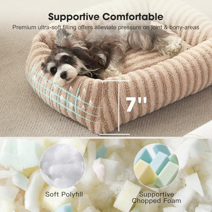 MIXJOY Dog Bed for Medium Small Size Dog, Washable Medium Dogs Bed with Removable Cover, Rectangle Doggy Ded Fluffy Plush Faux Fur Pet Bed with Anti-Slip Bottom, 25"x21"x7", Beige - color: Beige, size: S Plus(25"Lx21"Wx7"Th)