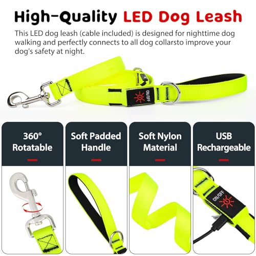 LED Dog Leash 6 Feet Micro USB Rechargeable Nylon Webbing Glow Safety Standard Dog Leash (Green) - color: Green, size: 6 Feet