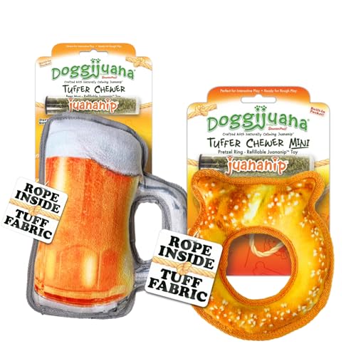 Doggijuana Doggi Duo Refillable Juananip Toy Bundle | Mini P & Beer | Funny Dog Toy Plush with Catnip and Refill | Interactive Chew Toy for Play - style: Mini P & Beer