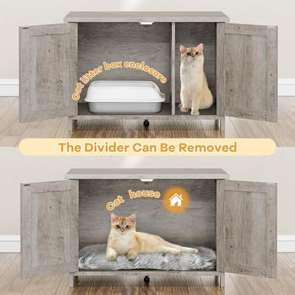 Shintenchi Cat Litter Box Enclosure, Litter Box Furniture Cabinet Hidden with Removable Divider, Wooden Cat House with End Table, Light Grey Oak, 31.5 inch - color: Light Grey Oak