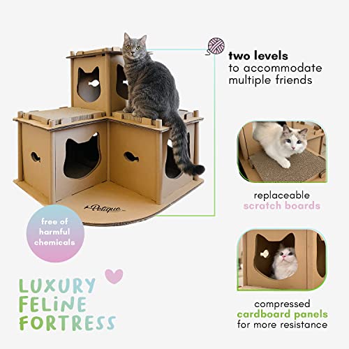 PETIQUE Feline Fortress Cat House: Eco-Friendly, Cat-Shaped Entrances, Fish-Shaped Handles, 7 Reversible Scratchboards, Lightweight, Easy Assembly, Sustainable, Compostable, Supports UP to 30LBS - style: Feline Fortress