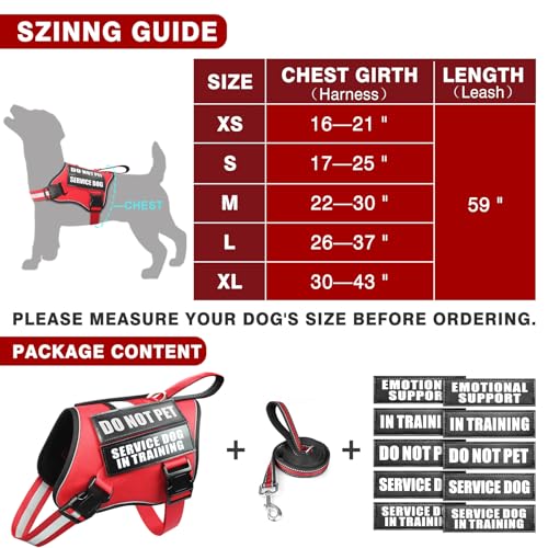 Service Dog Vest Harness and Leash Set+10 Patches,No Pull&Adjustable Reflective Dog Harness with Soft Padded Handle for Training/Everyday,Fit Small/Medium/Large/Extra-Large Dogs(Red L) - color: Red, size: Large
