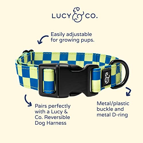 Lucy & Co. Have a Nice Day Dog Collar - Durable Lightweight Designer Collar for Pets - Adjustable Metal Safety Buckle - Lime Green Blue Checker - Small - color: Have a Nice Day Dog Collar, size: Small